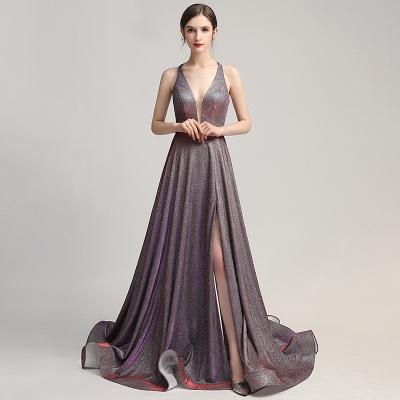 China Anti-wrinkle Sparkly V-Neck Prom Dresses Gradient Color Sleeveless Back Ties Evening Dress Long Wedding Party Guest Dresses Elegant 2021 New for sale