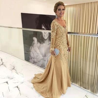 China Breathable Simple Chiffon Mother Of The Bride Dresses Applique V Neckline Mermaid Long Sleeves Elegant Mother Dresses For Wedding Formal Party for sale