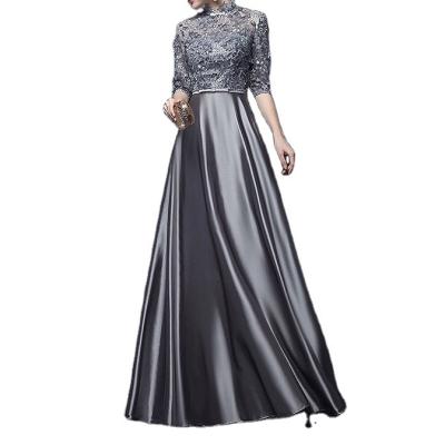 China Washable Silver Gray Satin Mother Of Bride Dresses Half Sheath Wedding Party 2022 Guest Dresses 3D Flowers Lace Up Evening Mother Dresses for sale