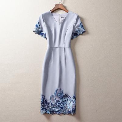 China Washable Blue Mother Of Dresses V Neck Short Sleeve Knee Length Embroidery With Zipper Elegant Evening Mother Dresses 2022 New for sale