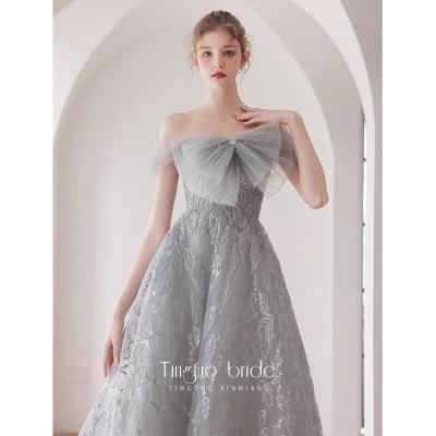 China Breathable Elegant Grey Evening Dresses Off The Shoulder Sleeveless With Bow Sequined Applique Floor-length Party Formal Prom Gowns 2022 for sale