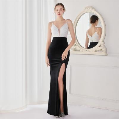 China Breathable Black Evening Dresses Sexy V Neck High Split Elegant Sequined Strapless Velvet Spaghetti Formal Party Gowns 2022 for sale