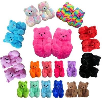 China 2021 fashion trend bear slippers rainbow black teddy bear fluffy adult women slippers fast shipping for sale