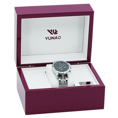 China Wood Custom Logo Luxury Lacquer Finish Leather Lining Mdf Gift Box Single Wooden Watch Box for sale