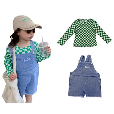 China New Casual Spring Fashion Kids Plaid Bottoming Shirt Denim Overall Girls Dress Set for sale