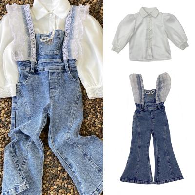 China Overalls Casual Shirt Denim Whites Set With Lace Girls Spring Clothing Set for sale