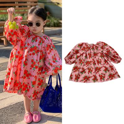 China Anti-wrinkle Rose Printed Skirt Kids One Piece Dress Designs Flower Girls' Dresses for sale