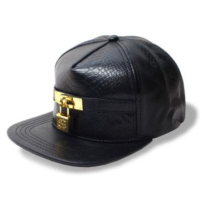 China Cool Custom 5 Panel Snapback Metal Leather Iron Lock Cool Caps for sale