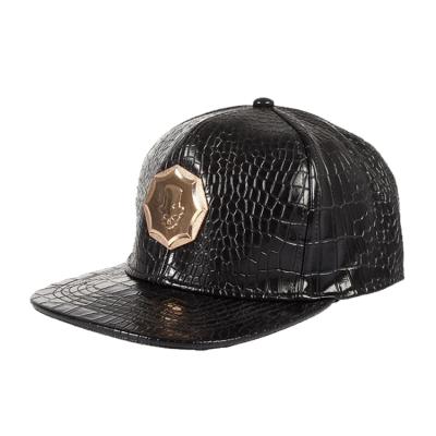 China Wholesale High Quality Character Fashion 6 Panel PU Leather With Metal Plate Applique Flat Brim Snapback Caps for sale