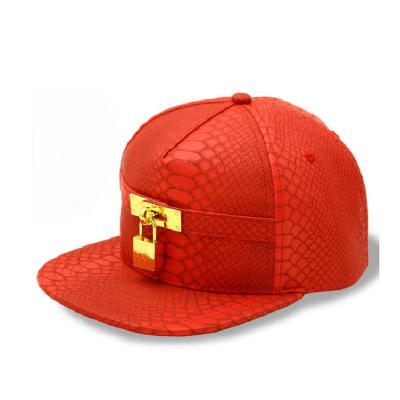 China JOINT Lock Decorated Adjustable Snapback Hat Wholesale Custom Luxury Style Snake PU Leather Red Snapback Hat Flat Brim Outdoor Sport for sale