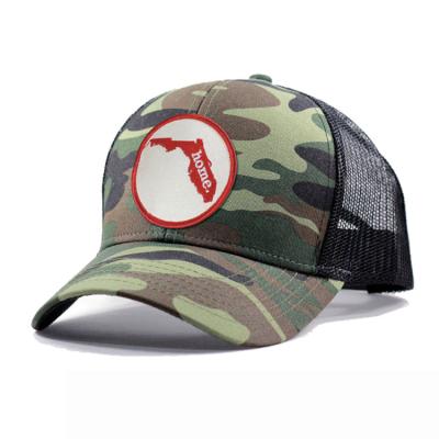 China Custom 100% COMMON Cotton 6 Panel Applique Embroidery Patch Logo Camouflage Color Baseball Mesh Cap Trucker Hat for sale