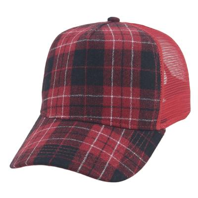 China COMMON Wholesale 5 Panel Custom Curved Checked Red Black Plaid Grid Mesh Hat Trucker Hats for sale