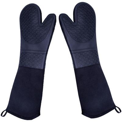 China Breathable Extra Long Silicone Commercial Grade Heavy Duty Cotton Scratching Oven Mitts Heat Resistant BBQ Gloves for sale