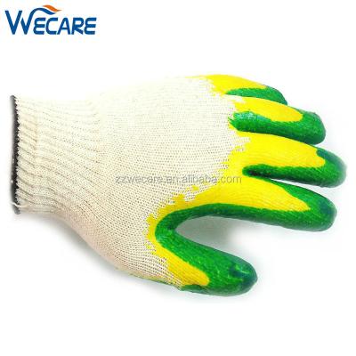 China Lightweight Twine Knit Cotton Lined Green Yellow Double Coating Palm Rubber Latex Dipped Gloves for sale