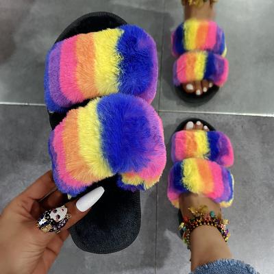 China Fashion Trend Style 2021 New Colorful Plus Size Furry Faux Fur Slippers Winter Slippers Ladies Cotton Open-toed Open-toed Slippers For Women for sale