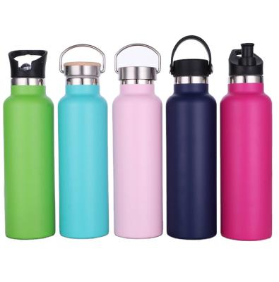 China Sustainable 600ml 21oz Powder Coated Double Wall Vacuum Insulated Stainless Steel Sports Water Bottles With Straw And Bamboo Lid for sale