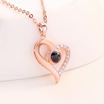 China Rose Gold Love Memory Zircon Pendant Necklace 2022 Vintage Fashion Valentines Day Gifts 100 Languages ​​Projection I Love You for sale