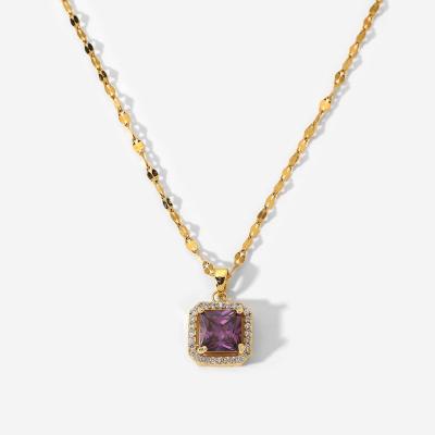 China Casual / Sporty 18K Gold Plated Jewelry Charm Stainless Steel Square Zircon Waterproof Purple Pendant Necklace For Women for sale