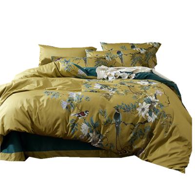 China Nondisposable Cotton 60s Bedding Green Bird Print Bedding Set Reactive Printing Sheets for sale