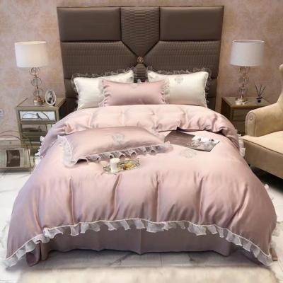 China Viable Tencel 60s Solid Color Ruffle Lace Bedding Set Duvet Cover For Summer for sale