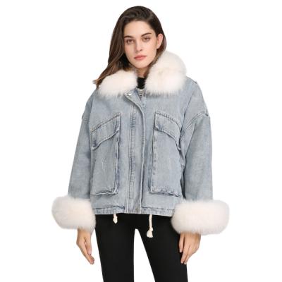 China Custom 2021 Windproof Loose Oversized Faux Fur Collar Women Winter Coat Blues Jean Denim Jacket For Ladies With Fur for sale