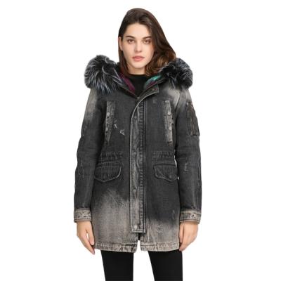 China Customized Ladies Anti-Shrink Faux Fur Collar Washed Women Winter Coat Jeans Denim Jacket for sale