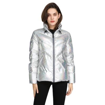 China Customized shiny ladies anti-shrink ribbon bottom stripper plus size women winter jacket bubble coat for sale