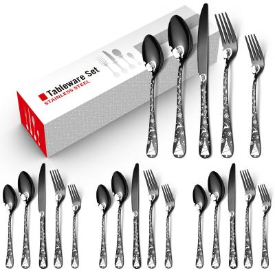 China Elegant Handle Christmas Pattern 20PCS Stainless Steel Custom Cutlery Set Black Flatware Set Gift Box for sale