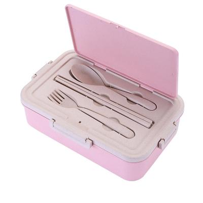 China Healthy 100% Biodegradable Microwavable Straw Kids Wheat Bento Box Lunch Box with Cutlery Set for sale