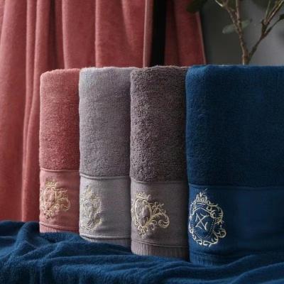 China Sustainable Wholesale Luxury Embroidery Towel Dark Color Bamboo Fiber Hotel Bath Towel for sale