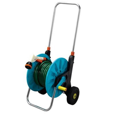 China PP Adjustable Plastic Handle 20M Hose Garden Water Flexible Hose Reel Trolley Trolley With 2 Wheel for sale