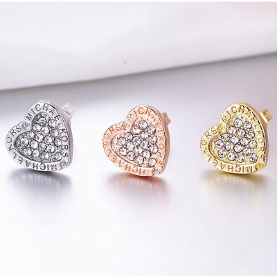 China New hot sale romantic love earrings 18k heart shaped earrings rose gold color full diamond earrings wholesale for sale