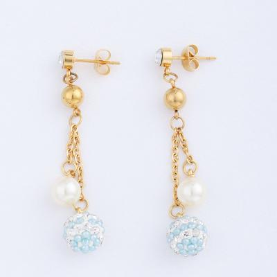 China Romantic Charming Gold Plated CZ High Quality Blue Ball Pendant Jewelry Elegant Long Link Chain Pearl Stud Dangle Earrings for sale