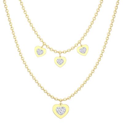 China Classic Zircon Heart Shape Jewelry Gift Stainless Steel Light Gold Plated Charming Two Layer Necklaces for sale