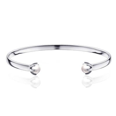 China Classic Silver Open Cuff Metal Open Stainless Steel Vintage Pearl Bangle Freshwater Bangle Bracelet for sale