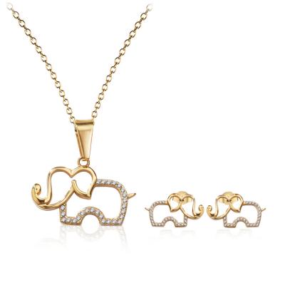 China Cute Gold Plated Jewelry Set 2021 Cute Stainless Steel Rhinestone Elephant Charms Women Necklaces And Earrings for sale