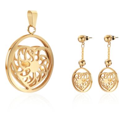 China Vintage Gold Plated Stainless Steel Heart Earrings Pendant Necklace Set for sale