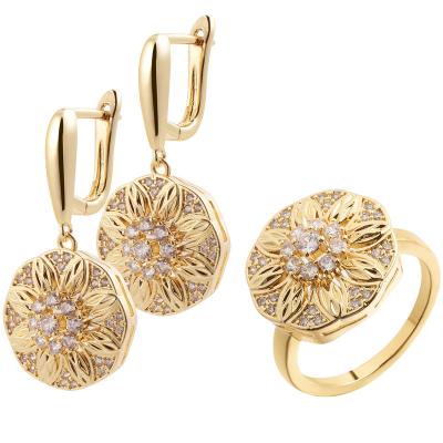 China Vintage Charming Delicate Gold Plated Stainless Steel Sunflower Zircon Stud Earrings For Women Rings Jewelry Sets for sale