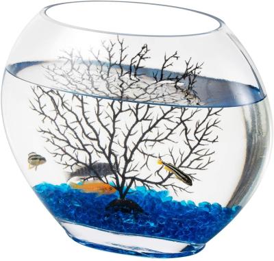 China Viable Mini Glass Oblate Fish Bowl Kit, Small Comes with Blue Aquarium Decor Stones and Plastic Fan Branch Tree Ornament for sale