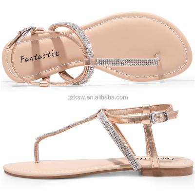 China Light Weight Wholesale T Strap Fashion Rhinestone Flat Sandal with Ankle Strap for Ladies Summers Dress Sandals Casual Woman Flip Flops for sale