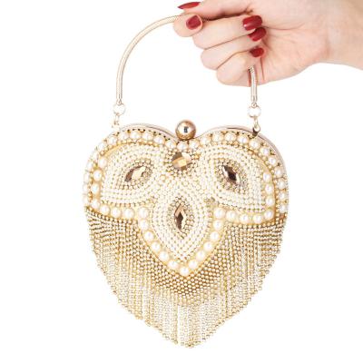 China Luxury Famous Brands Evening Clutches Fashion Heart Beads Tassels White Beaded Purse Bag Handbag For Women for sale