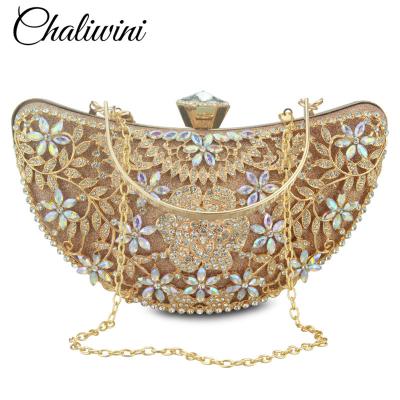 China Women's Crystal Gold Evening Bag Wedding Bridal Clutch Bag Floral Metal Nylon Party Handbags Pinch Lady Diamond Rhinestone Clutches for sale