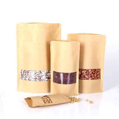 China Moisture Proof In Stock 16x26x4cm Stand Up Resealable Ziplock Kraft Paper Food Bags With Clear Window For Coffee Bean, Tea, Candy, Chocolate for sale