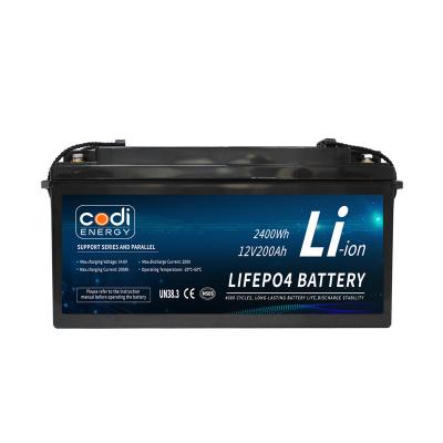 China Codi Energy 12V 200Ah 2.4KWH Rechargeable Solar Lithium ion Battery Deep Cycle LiFePO4 12V Lithium Battery 490*171*240mm for sale