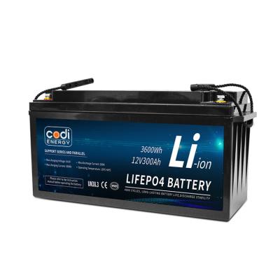 China Codi Energy 12V 300Ah 3.6KWH Lithium Ion Battery 3600WH 12V LiFePO4 Solar Energy System Storage Battery 521*238*218mm for sale