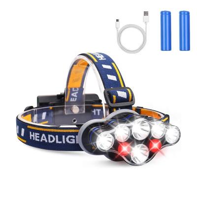 China Brightest 1300 Lumen 8 LED Headlight T6 Outdoor Flashlight Rise 18650 Headlight Battery Powered Rechargeable 8 Modes for sale