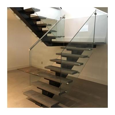 China Modern L Shaped Straight Staircase Design Indoor Mono Glass Stringer Staircase Wooden Stairs for sale