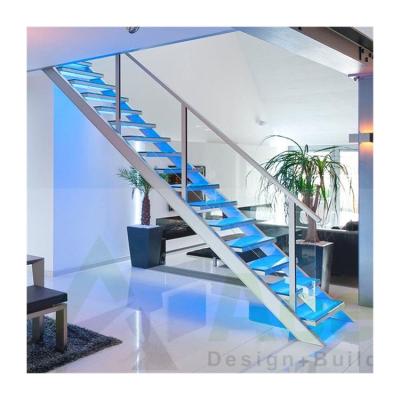 China Modern Customized Double Beam Staircase For Villa Wood Tread With Led Design Straight Stairs for sale