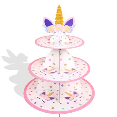 China Viable Treat Unicorn Party Pink Cake Stand Decoration Kids Birthday Party Supplies Baby Shower 3 Layer Paper Cake Tools for sale