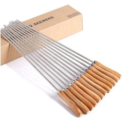 China Stainless Steel Flat Wood Handle Reusable BBQ Stick Easily Cleaned BBQ Sticks BBQ Stick Skewers for Vegetables and More for sale